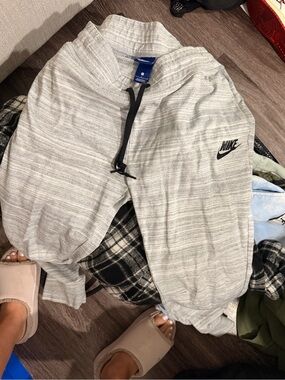 Nike Gray Striped Jogger Sweatpants with Black Swoosh